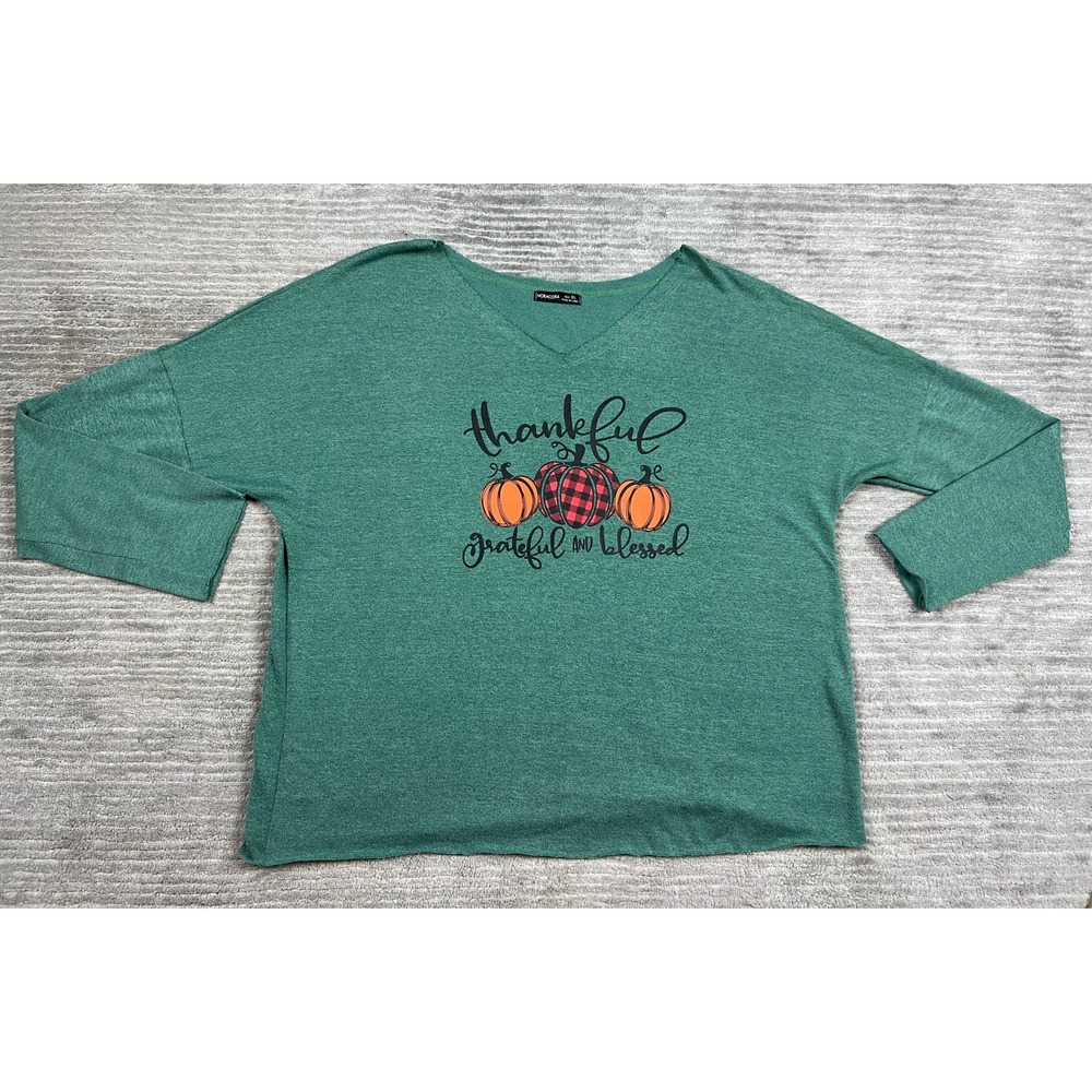 Noracora Knit Top Womens XL Teal Green Thankful Pumpkin Graphic V-Neck‎ Sweater